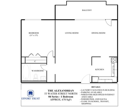 Floor plan for 1 bed, 1 bath, 670 sqft